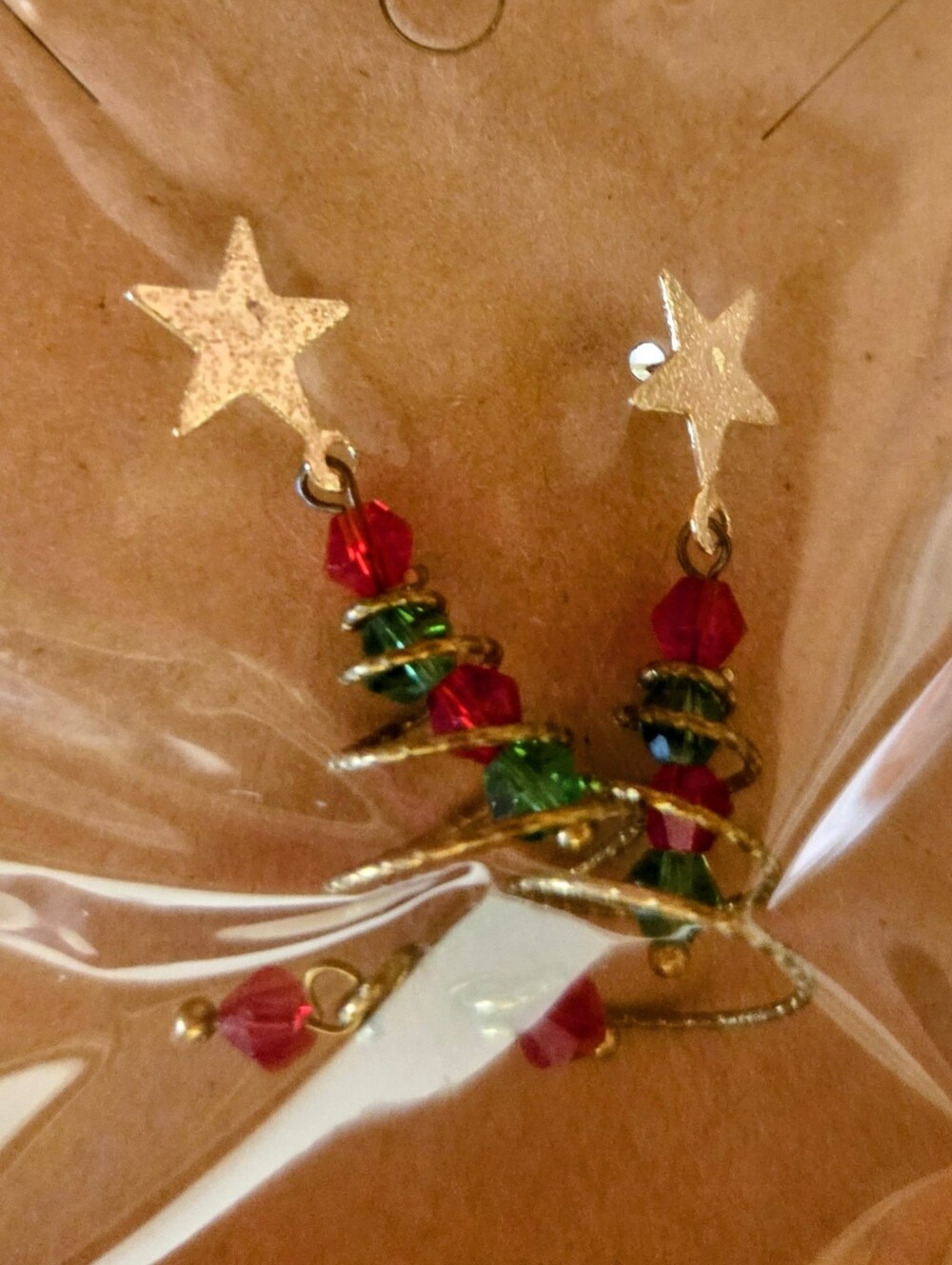 Gold Star Drop Earrings with Red & Green Crystal Beads